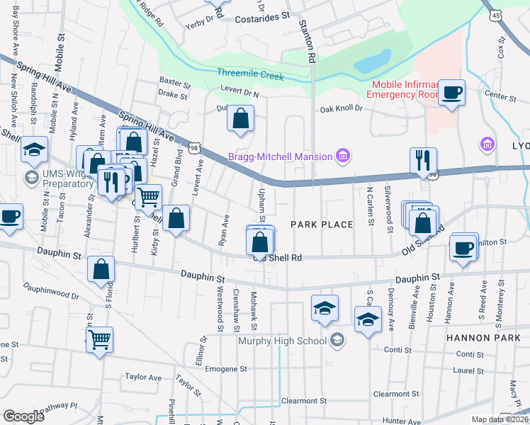 map of restaurants, bars, coffee shops, grocery stores, and more near 4 Upham Street in Mobile