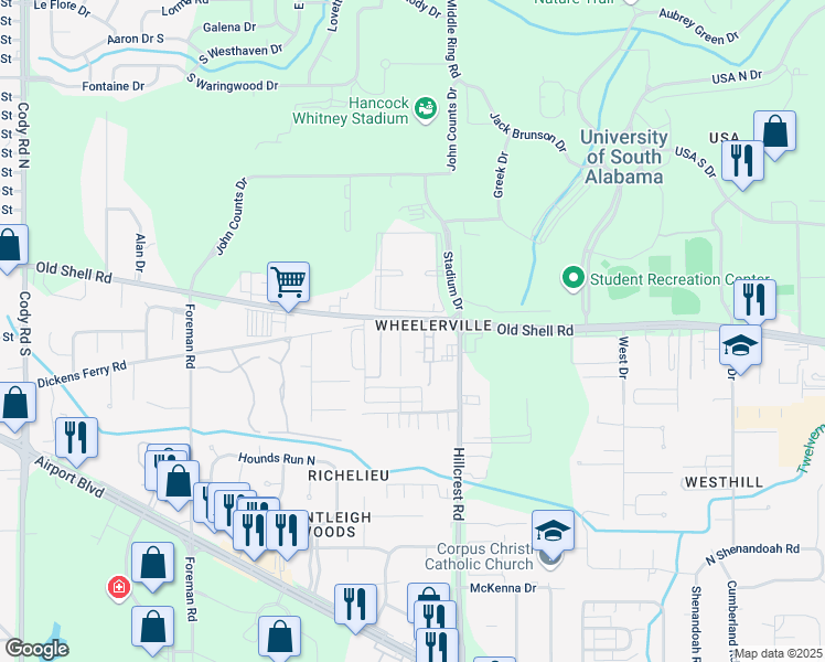 map of restaurants, bars, coffee shops, grocery stores, and more near 6483 Old Shell Road in Mobile