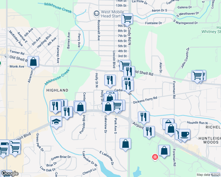map of restaurants, bars, coffee shops, grocery stores, and more near 7200 Cedar Street in Mobile