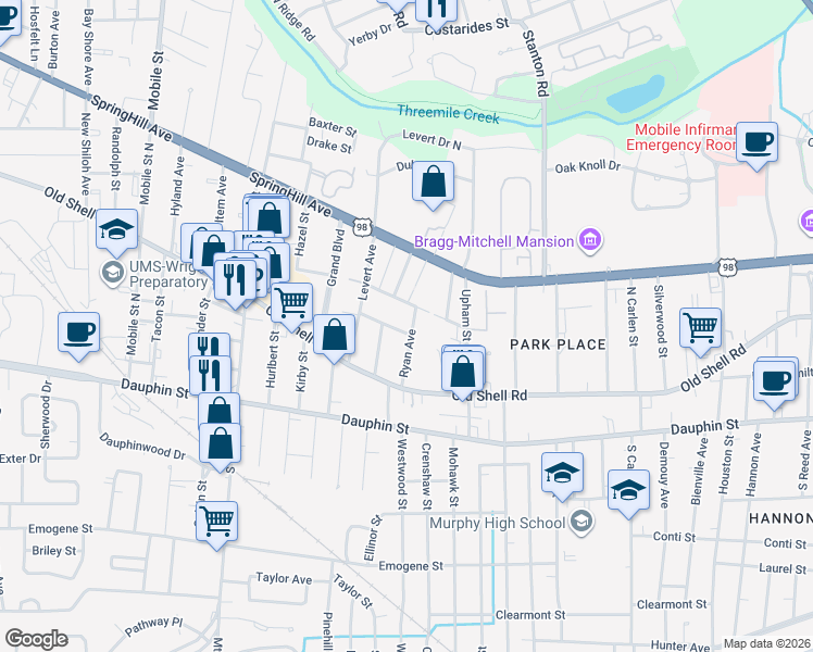 map of restaurants, bars, coffee shops, grocery stores, and more near 2250 De Leon Avenue in Mobile