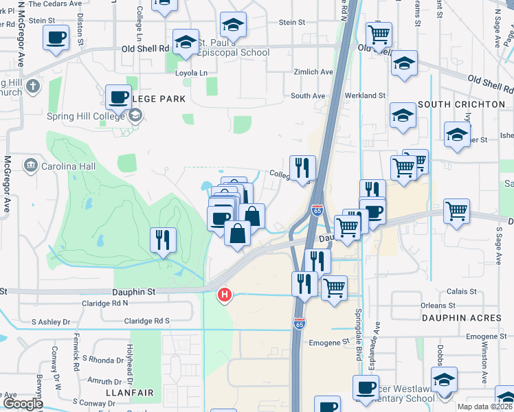 map of restaurants, bars, coffee shops, grocery stores, and more near 9 Du Rhu Drive in Mobile