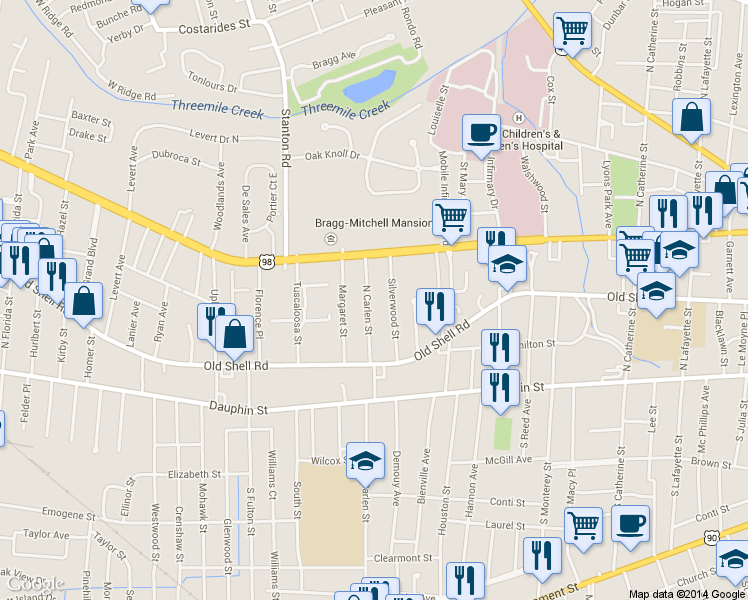 map of restaurants, bars, coffee shops, grocery stores, and more near 132 North Carlen Street in Mobile