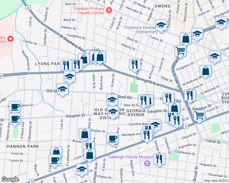 map of restaurants, bars, coffee shops, grocery stores, and more near 104 North Ann Street in Mobile