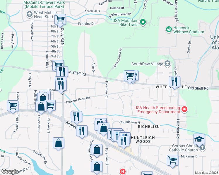 map of restaurants, bars, coffee shops, grocery stores, and more near 6788 Dickens Ferry Rd in Mobile