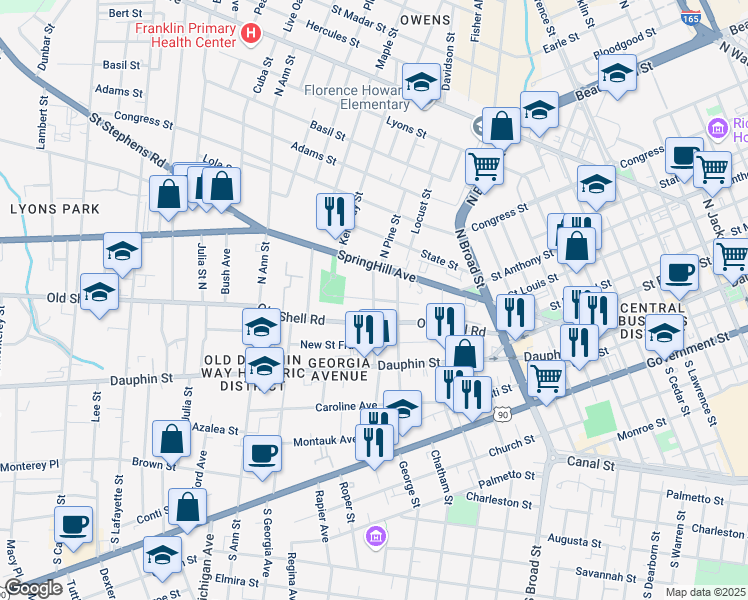 map of restaurants, bars, coffee shops, grocery stores, and more near 1098 Oak Street in Mobile