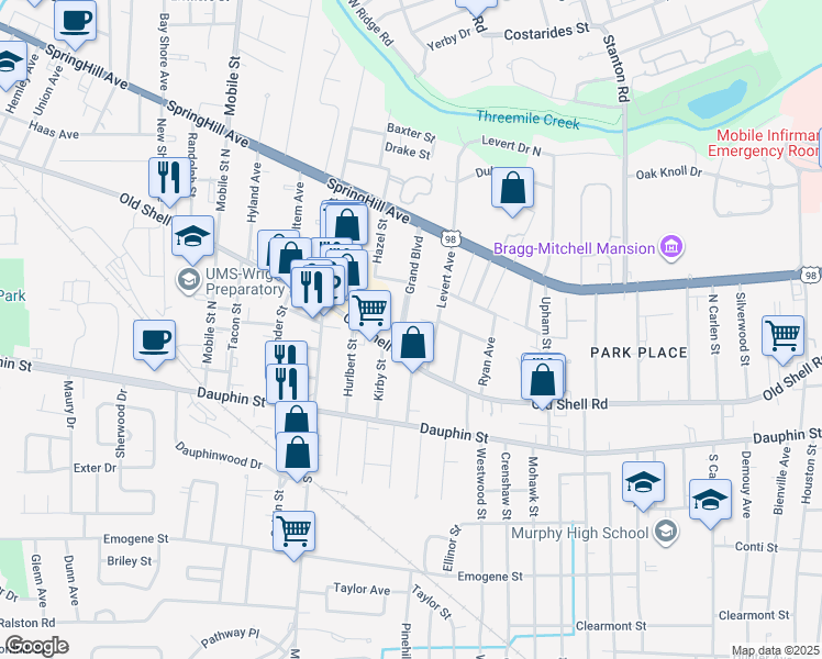 map of restaurants, bars, coffee shops, grocery stores, and more near 112 Grand Boulevard in Mobile