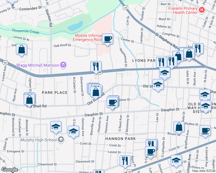 map of restaurants, bars, coffee shops, grocery stores, and more near 1706 Old Shell Road in Mobile