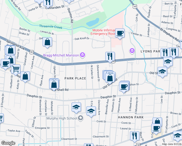map of restaurants, bars, coffee shops, grocery stores, and more near 132 North Carlen Street in Mobile