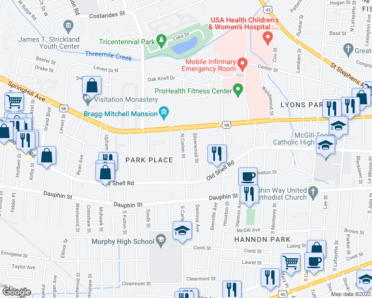 map of restaurants, bars, coffee shops, grocery stores, and more near 134 North Carlen Street in Mobile