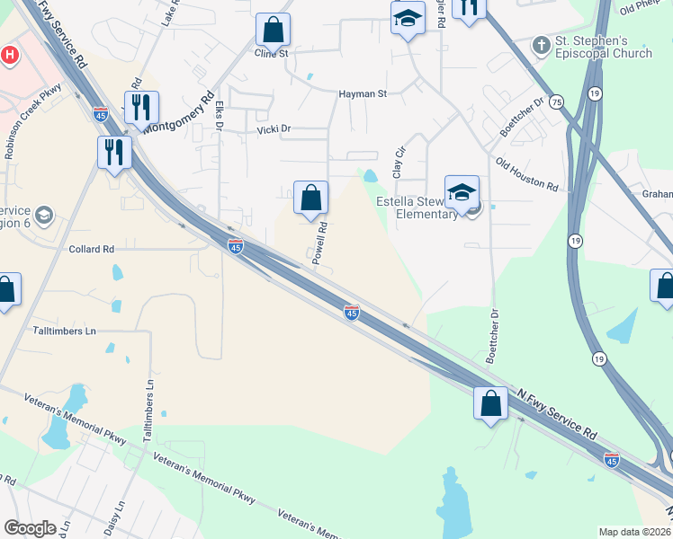 map of restaurants, bars, coffee shops, grocery stores, and more near 730 North Freeway Service Road in Huntsville