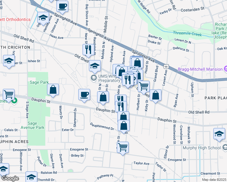 map of restaurants, bars, coffee shops, grocery stores, and more near 2607 Cameron Street in Mobile