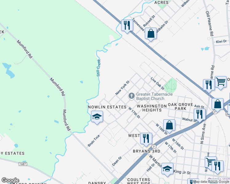 map of restaurants, bars, coffee shops, grocery stores, and more near 1002 New York Street in Bryan