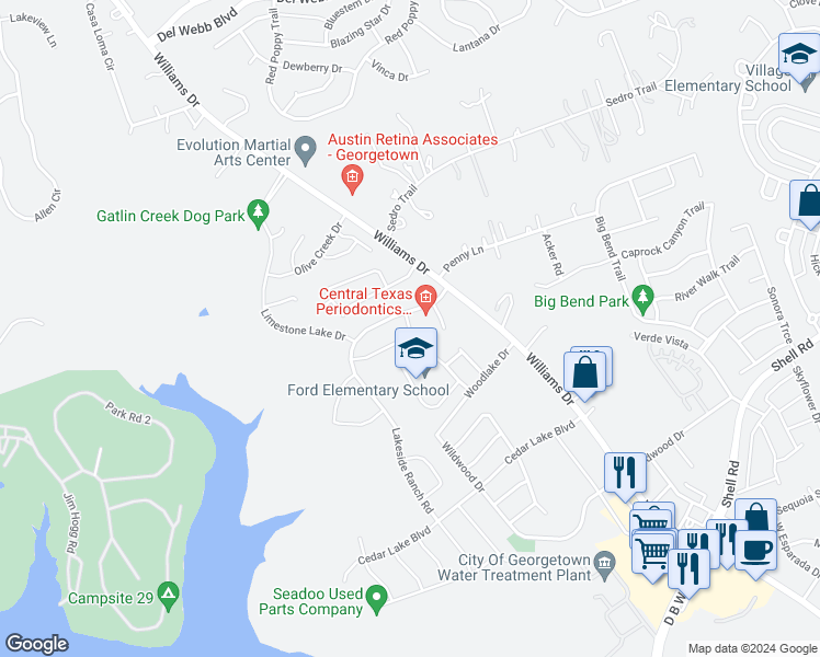 map of restaurants, bars, coffee shops, grocery stores, and more near 108 Lake Spring Circle in Georgetown