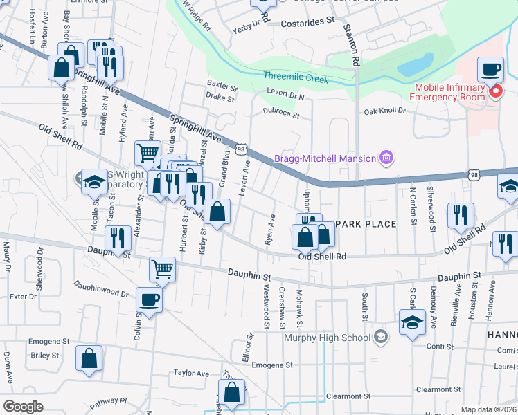 map of restaurants, bars, coffee shops, grocery stores, and more near 2250 De Leon Avenue in Mobile