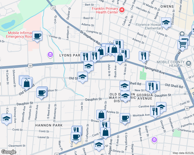 map of restaurants, bars, coffee shops, grocery stores, and more near 38 Blacklawn Street in Mobile