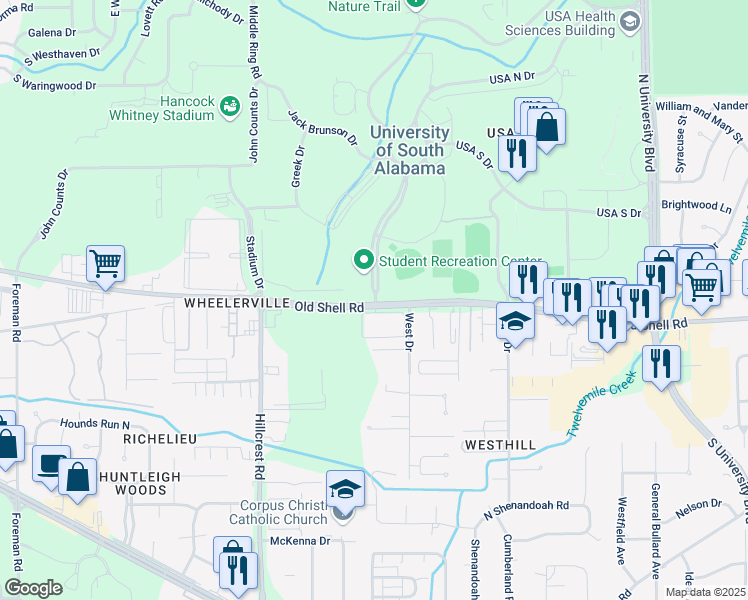 map of restaurants, bars, coffee shops, grocery stores, and more near 6050 Old Shell Road in Mobile