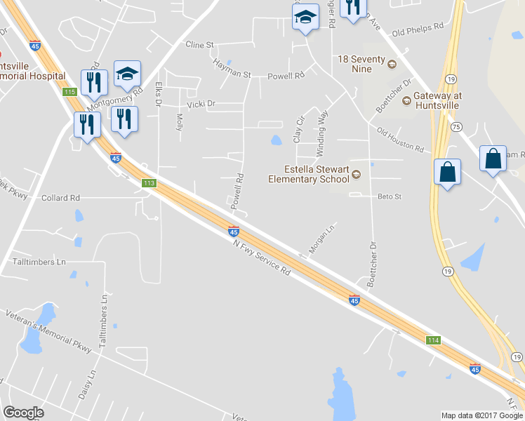 map of restaurants, bars, coffee shops, grocery stores, and more near 730 Interstate 45 in Huntsville