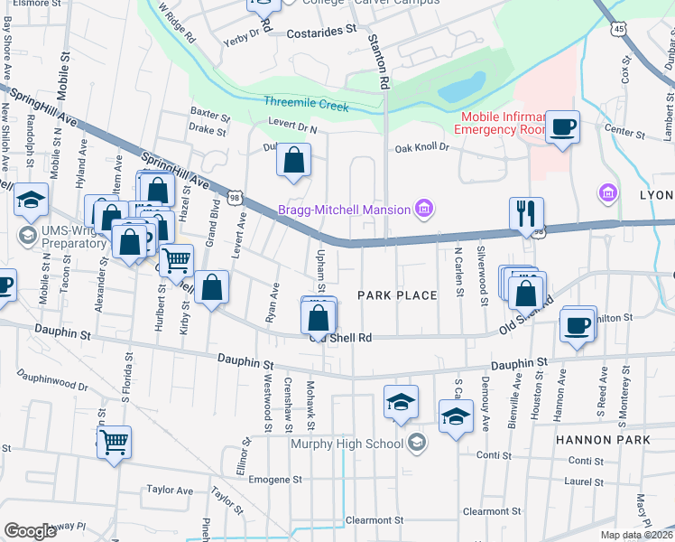map of restaurants, bars, coffee shops, grocery stores, and more near 4 Upham Street in Mobile