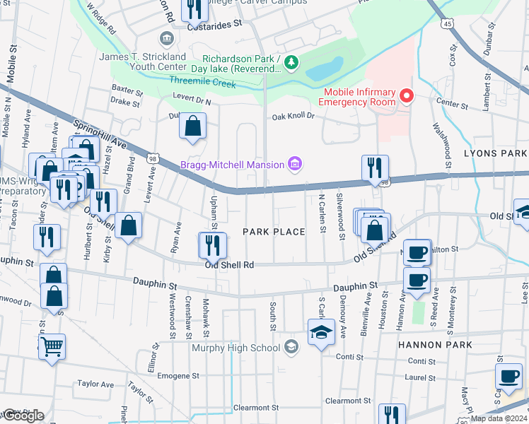 map of restaurants, bars, coffee shops, grocery stores, and more near 137 Tuscaloosa Street in Mobile