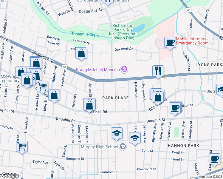 map of restaurants, bars, coffee shops, grocery stores, and more near 137 Tuscaloosa Street in Mobile