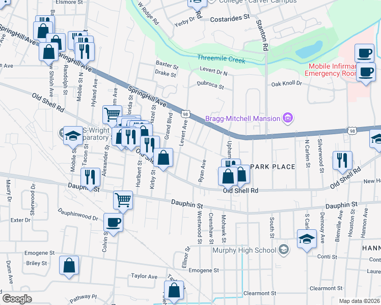map of restaurants, bars, coffee shops, grocery stores, and more near 2301 De Leon Ave in Mobile