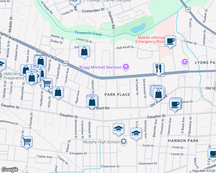 map of restaurants, bars, coffee shops, grocery stores, and more near 130 Florence Place in Mobile