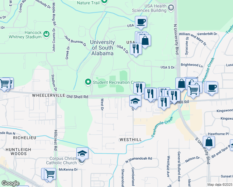 map of restaurants, bars, coffee shops, grocery stores, and more near 6050 Old Shell Road in Mobile