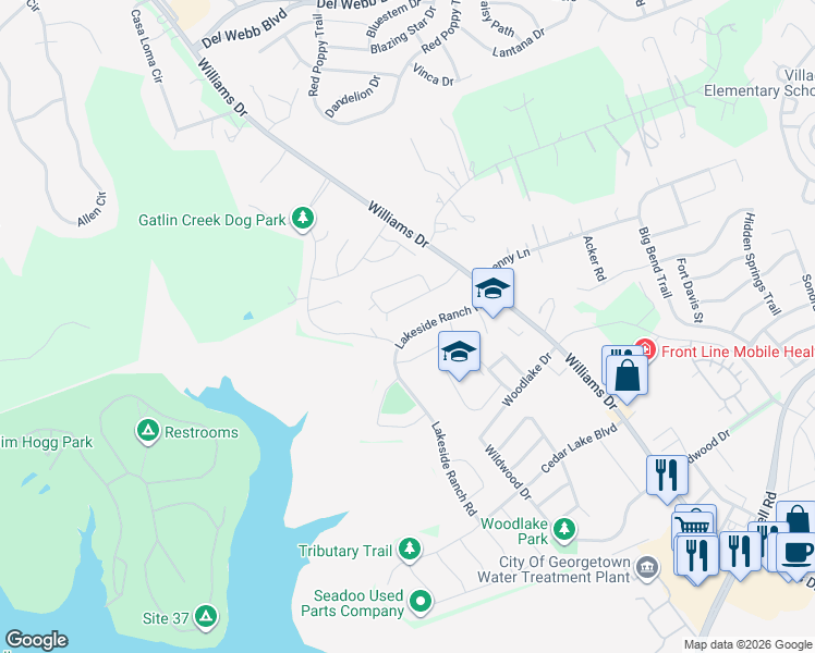 map of restaurants, bars, coffee shops, grocery stores, and more near 1225 Lakeside Ranch Road in Georgetown