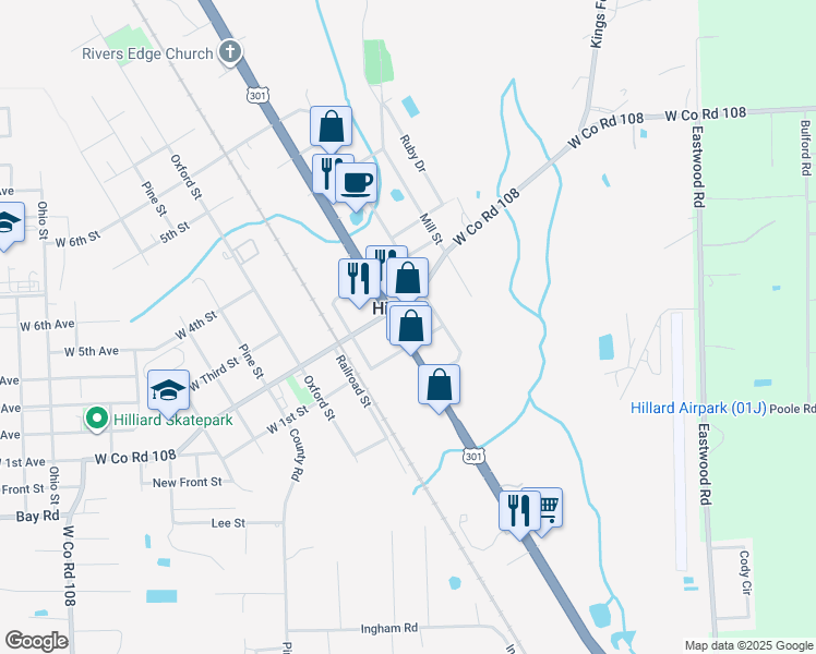 map of restaurants, bars, coffee shops, grocery stores, and more near 100-104 W 1st St in Hilliard