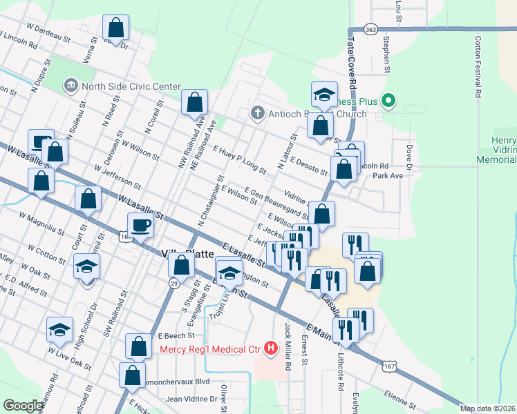 map of restaurants, bars, coffee shops, grocery stores, and more near 518 North Latour Street in Ville Platte