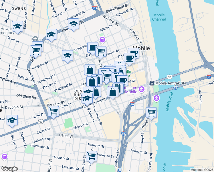 map of restaurants, bars, coffee shops, grocery stores, and more near 401 Conti Street in Mobile
