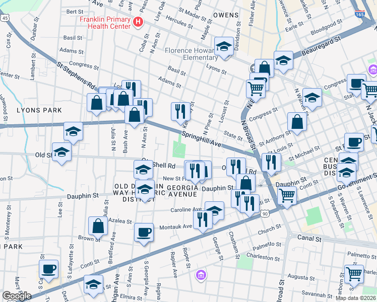map of restaurants, bars, coffee shops, grocery stores, and more near 1108 Oak Street in Mobile