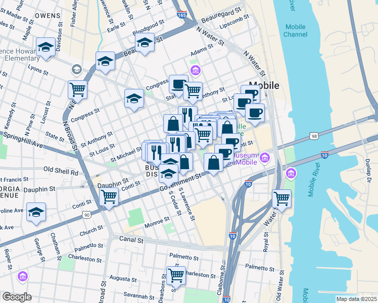 map of restaurants, bars, coffee shops, grocery stores, and more near 420 Dauphin Street in Mobile