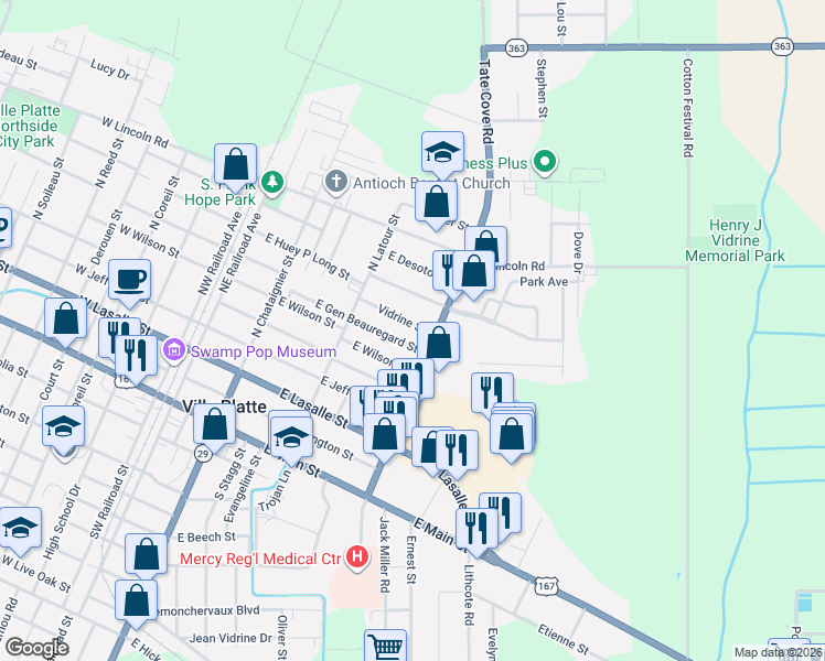 map of restaurants, bars, coffee shops, grocery stores, and more near 701-761 Tate Cove Road in Ville Platte