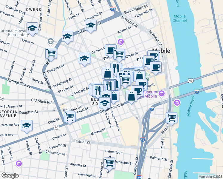 map of restaurants, bars, coffee shops, grocery stores, and more near 412 Dauphin Street in Mobile