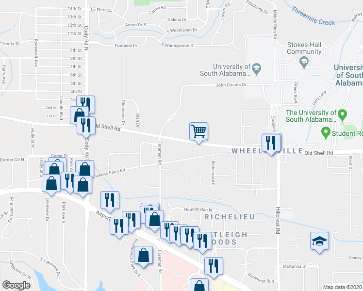 map of restaurants, bars, coffee shops, grocery stores, and more near 6759 Old Shell Road in Mobile