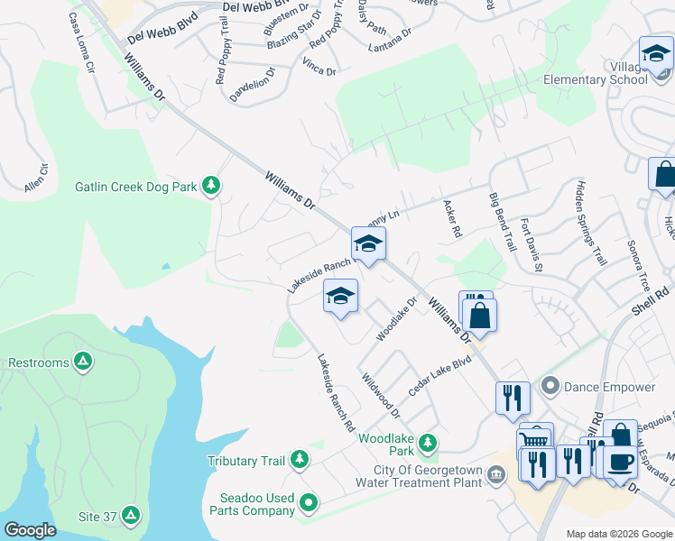 map of restaurants, bars, coffee shops, grocery stores, and more near 108 Lake Spring Circle in Georgetown