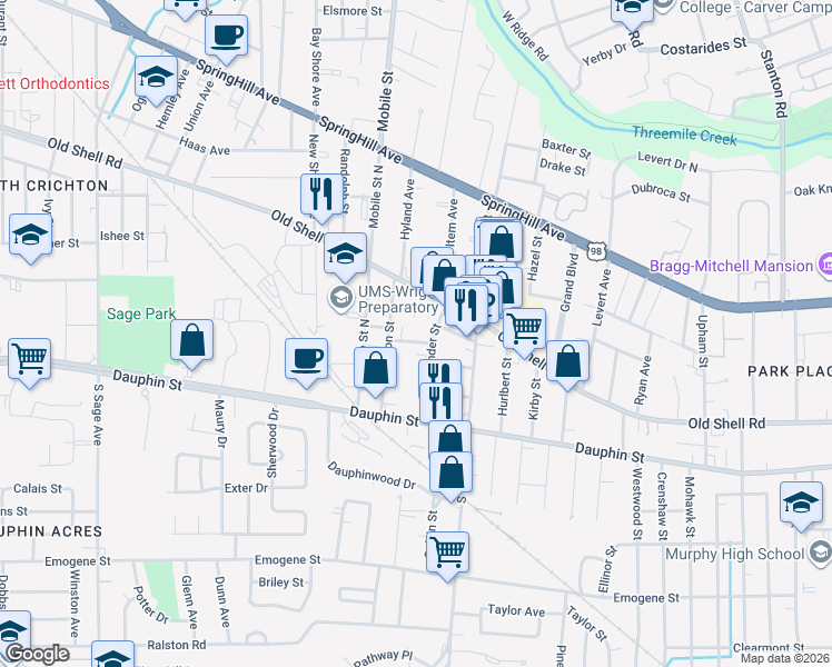 map of restaurants, bars, coffee shops, grocery stores, and more near 2607 Cameron Street in Mobile