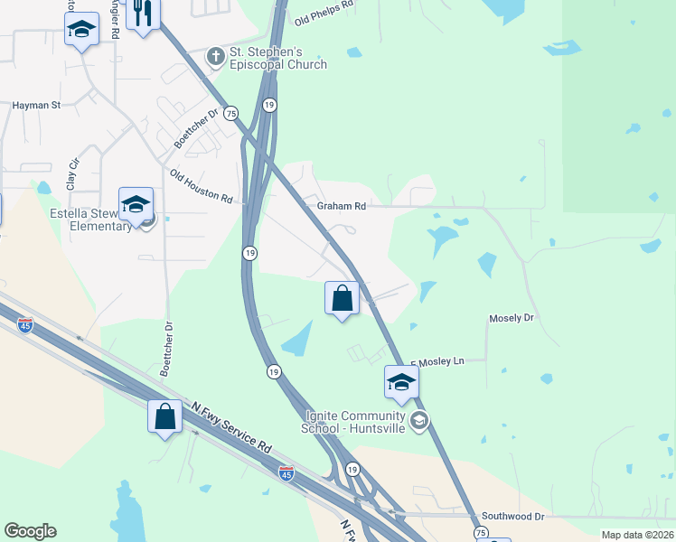 map of restaurants, bars, coffee shops, grocery stores, and more near 3306 Old Houston Road in Huntsville