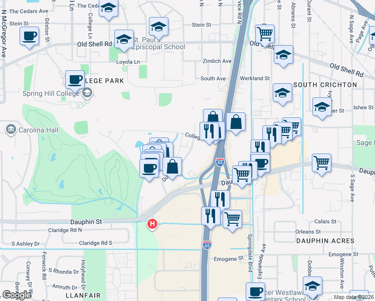 map of restaurants, bars, coffee shops, grocery stores, and more near 114 Du Rhu Drive in Mobile