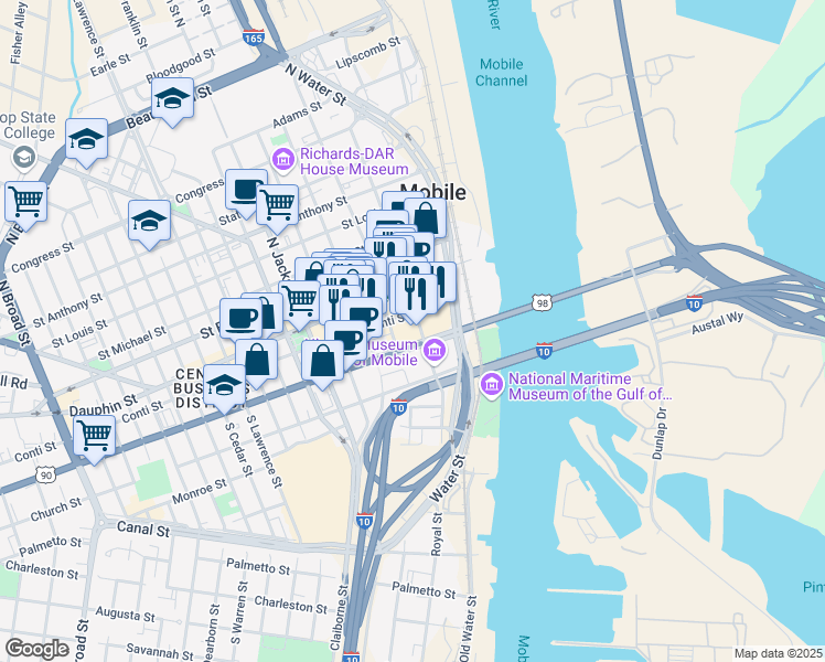 map of restaurants, bars, coffee shops, grocery stores, and more near 68 South Royal Street in Mobile