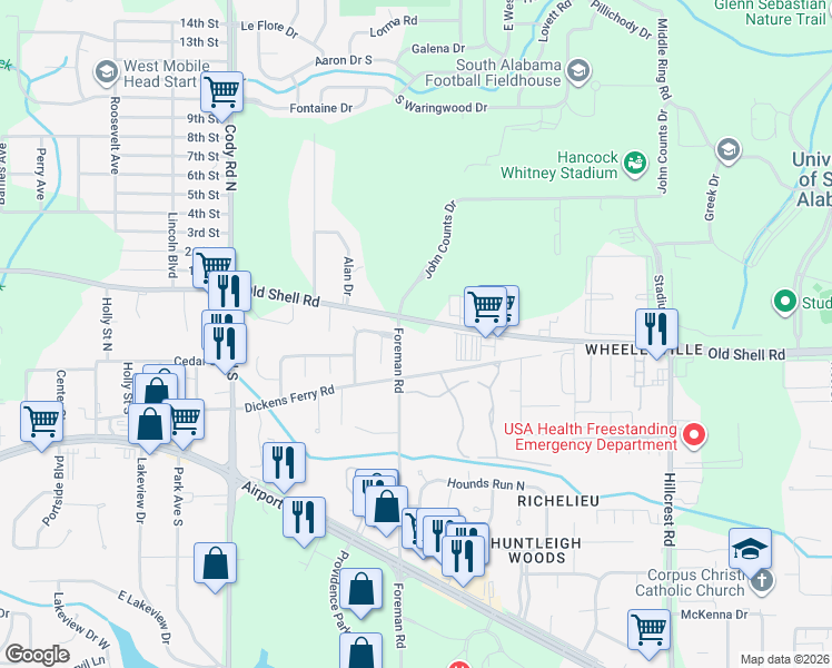 map of restaurants, bars, coffee shops, grocery stores, and more near 6788 Dickens Ferry Rd in Mobile