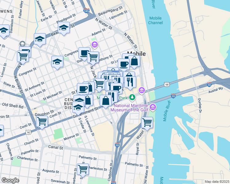 map of restaurants, bars, coffee shops, grocery stores, and more near 202 Government Street in Mobile