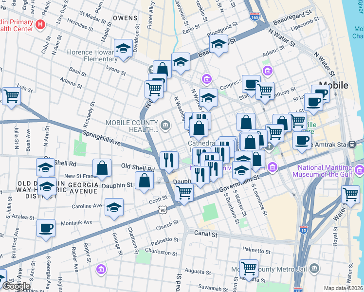 map of restaurants, bars, coffee shops, grocery stores, and more near 758 Saint Michael Street in Mobile