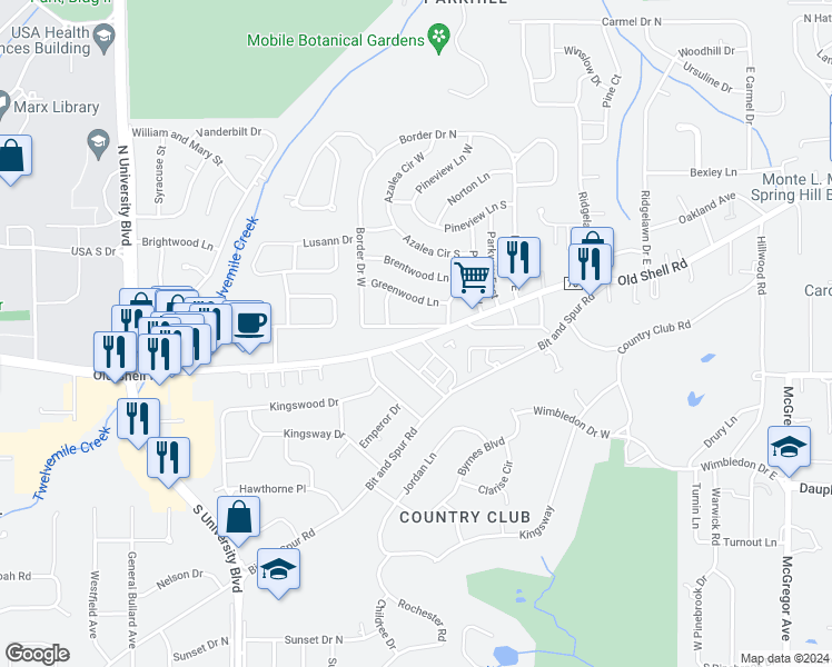 map of restaurants, bars, coffee shops, grocery stores, and more near 5215 Border Drive South in Mobile