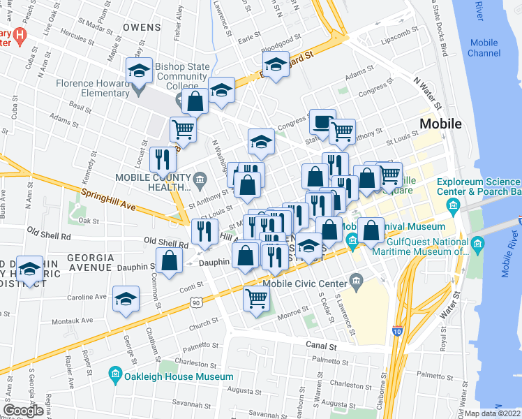 map of restaurants, bars, coffee shops, grocery stores, and more near 610 Saint Michael Street in Mobile