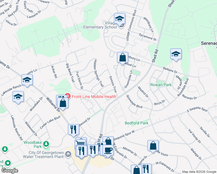 map of restaurants, bars, coffee shops, grocery stores, and more near 912 Heritage Oaks Bend in Georgetown