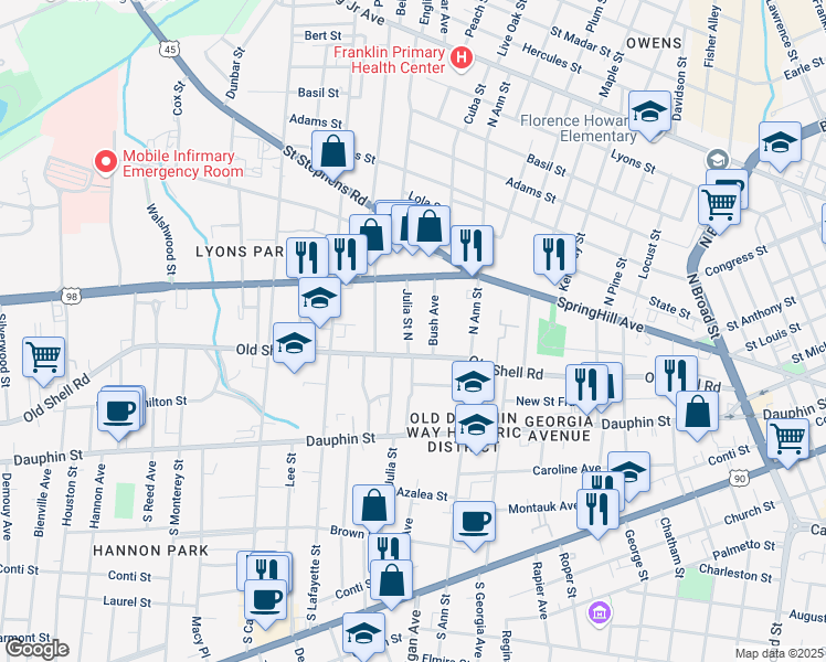 map of restaurants, bars, coffee shops, grocery stores, and more near 115 Julia Street North in Mobile