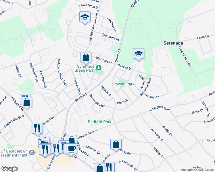 map of restaurants, bars, coffee shops, grocery stores, and more near 509 Pinon Cove in Georgetown
