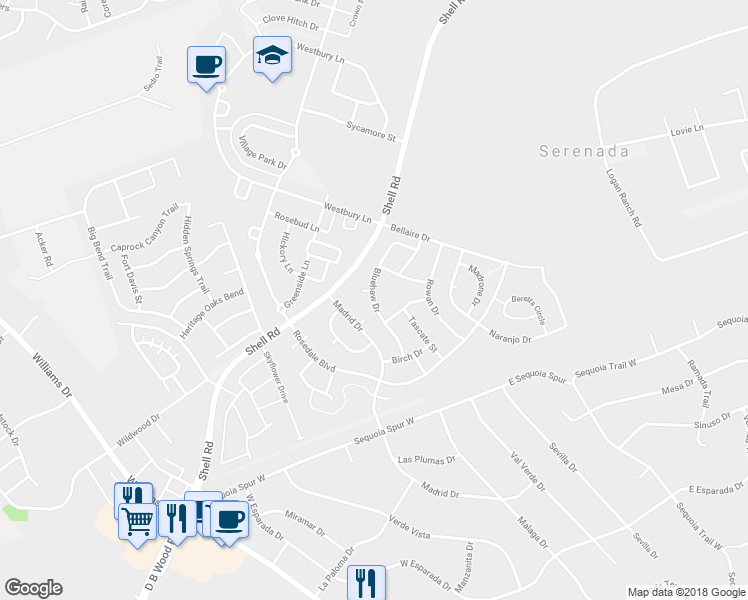 map of restaurants, bars, coffee shops, grocery stores, and more near Bluehaw Drive in Georgetown